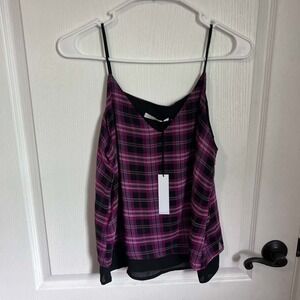Three Eighty Two Womens XS Purple Black‎ Plaid Layered V-Neck Camisole Tank Top
